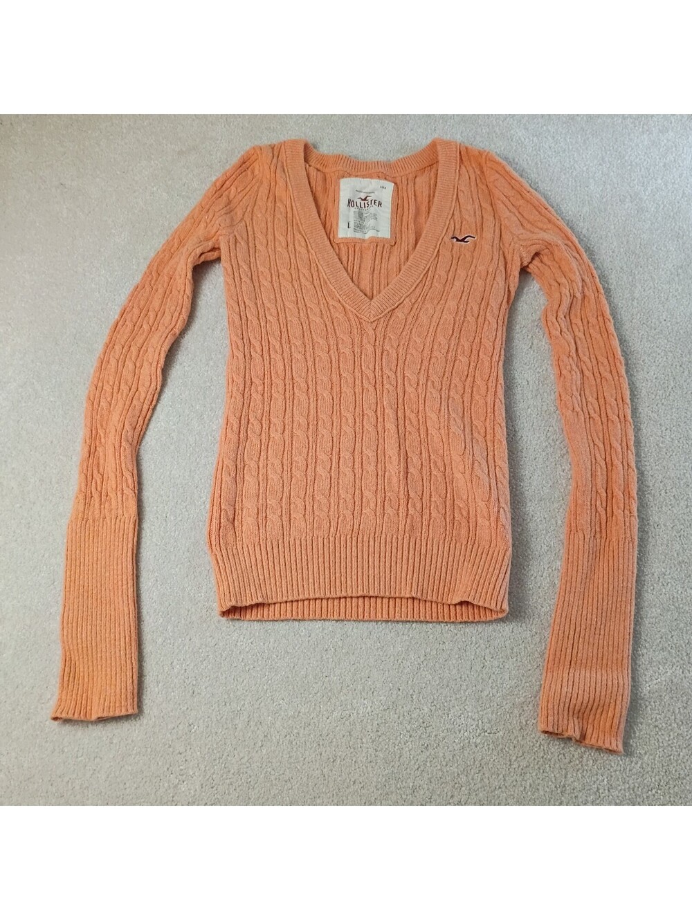 Hollister Orange Cable Knit V Neck Sweater Women L Fitted Y2K Preppy Long Sleeve